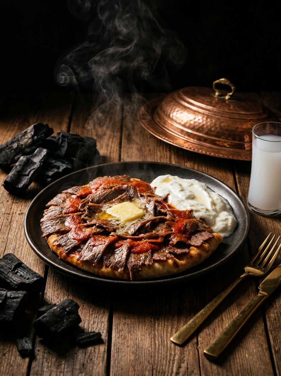 İskender Kebab auf dunklem Teller